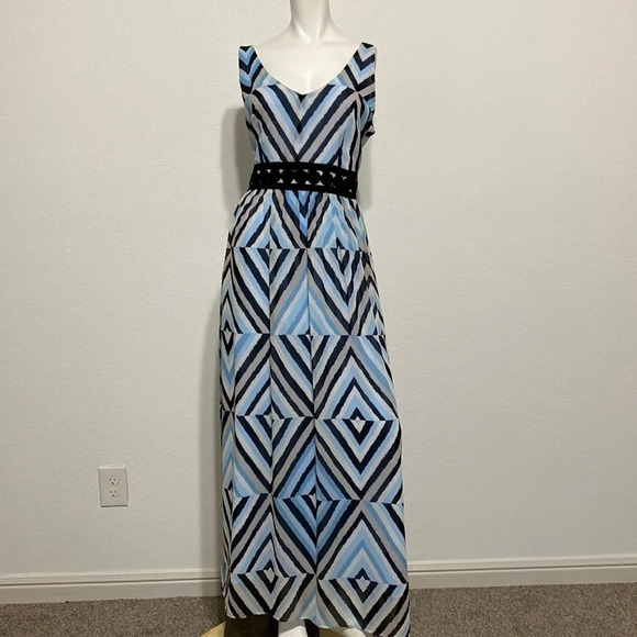 Taylor Geometric Chiffon Dress With Crochet Waistband Maxi Dress Size 10 - Picture 2 of 6
